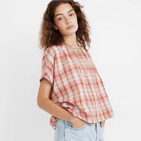 MADEWELL Plaid Shirred-Neck Boxy Top - Picture 2 of 7